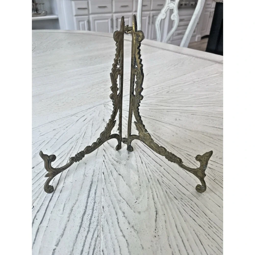 Vtg Lg Ornate Brass Scroll Folding Easel Plate Picture Art Stand 8